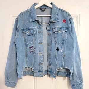 SANS Souci Distressed Button Down Denim Jean Jacket in Blue Size Medium